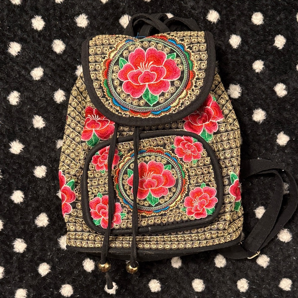 PRE-LOVED | Mexican Floral Embroidered Backpack - Black and Red